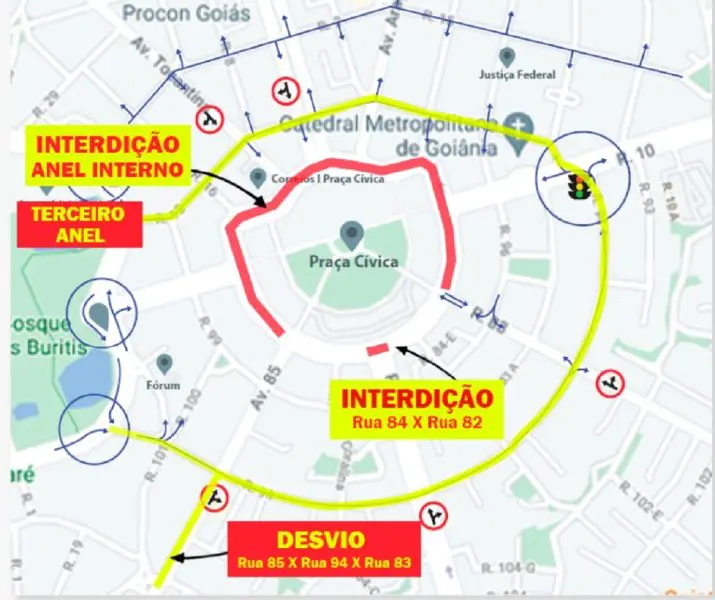 Mapa do desvio da Praça Cívica até final de julho de 2022 para retirada de adutoras