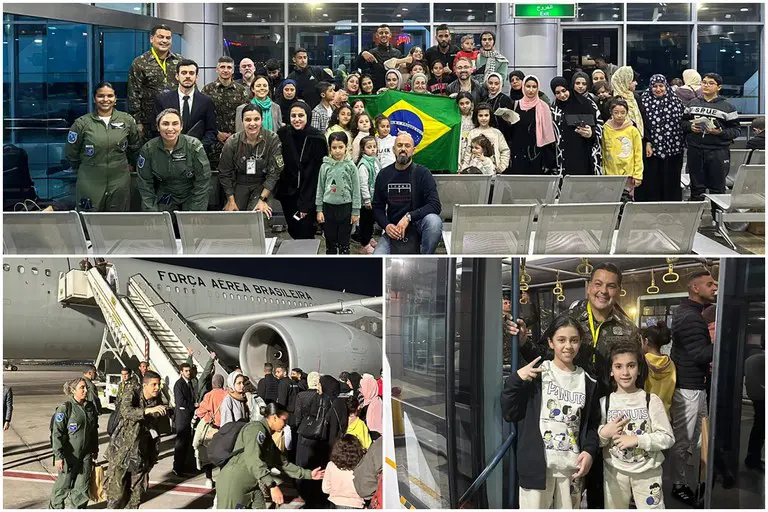 Grupo de repatriados na saída do Aeroporto do Cairo, no Egito, e na entrada para o KC-30, da FAB. Desde outubro, um total de 1.525 resgatados da zona de conflito no Oriente Médio. Fotos: Arquivo pessoal / Divulgação