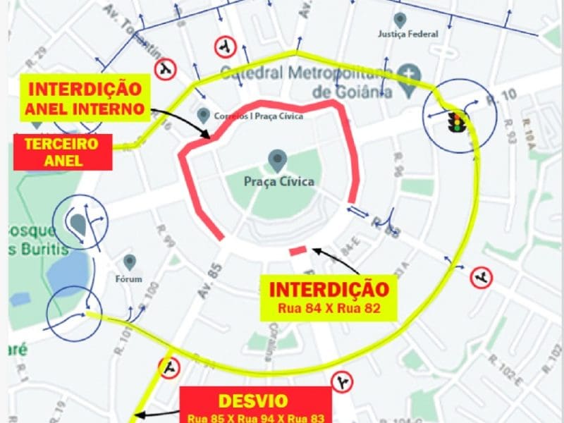 Mapa do desvio da Praça Cívica até final de julho de 2022 para retirada de adutoras